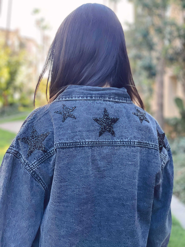 Black Oversized Denim Jacket Black Stars - Wayra Beachwear