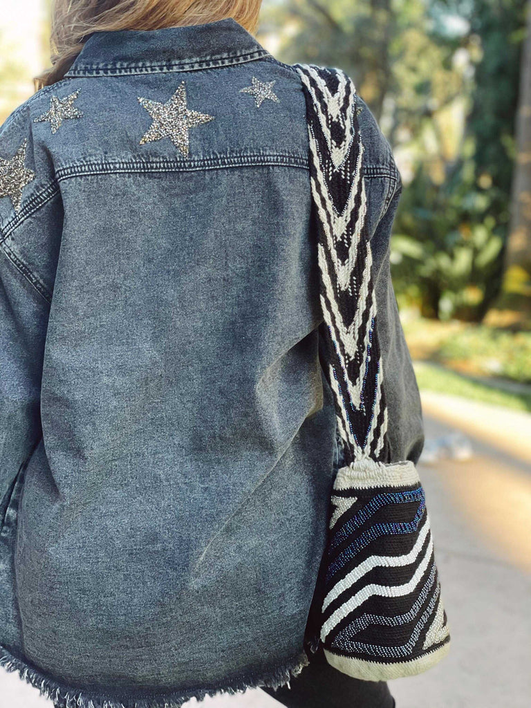 Black Oversized Denim Jacket Silver Stars - Wayra Beachwear