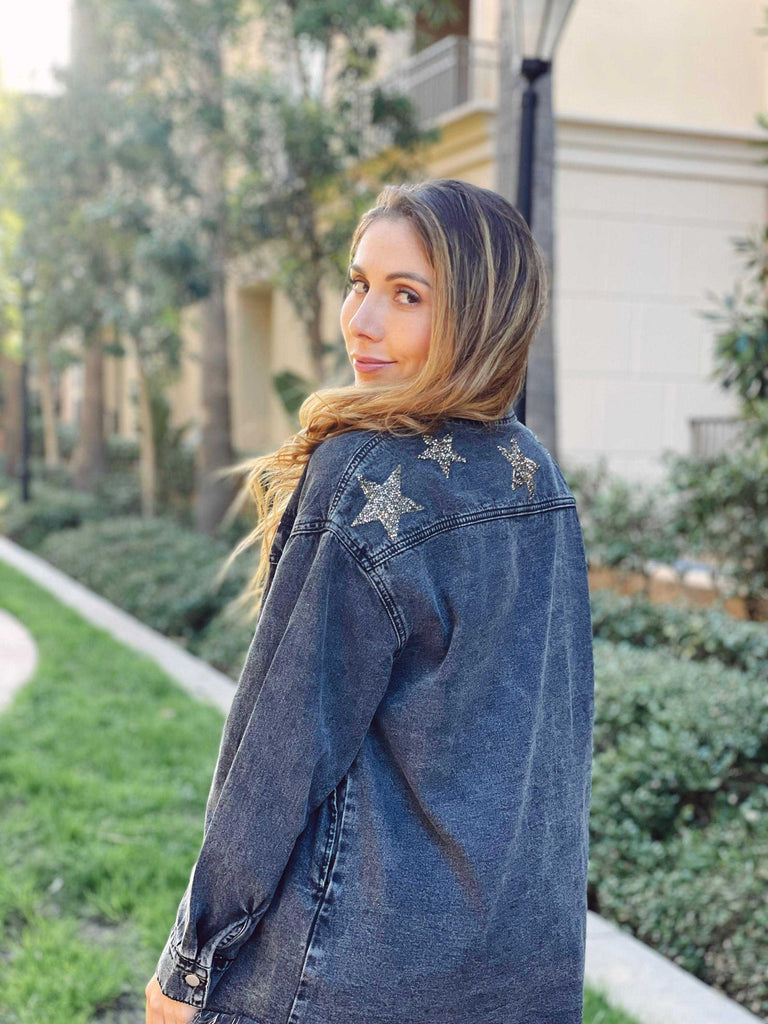 Black Oversized Denim Jacket Silver Stars - Wayra Beachwear