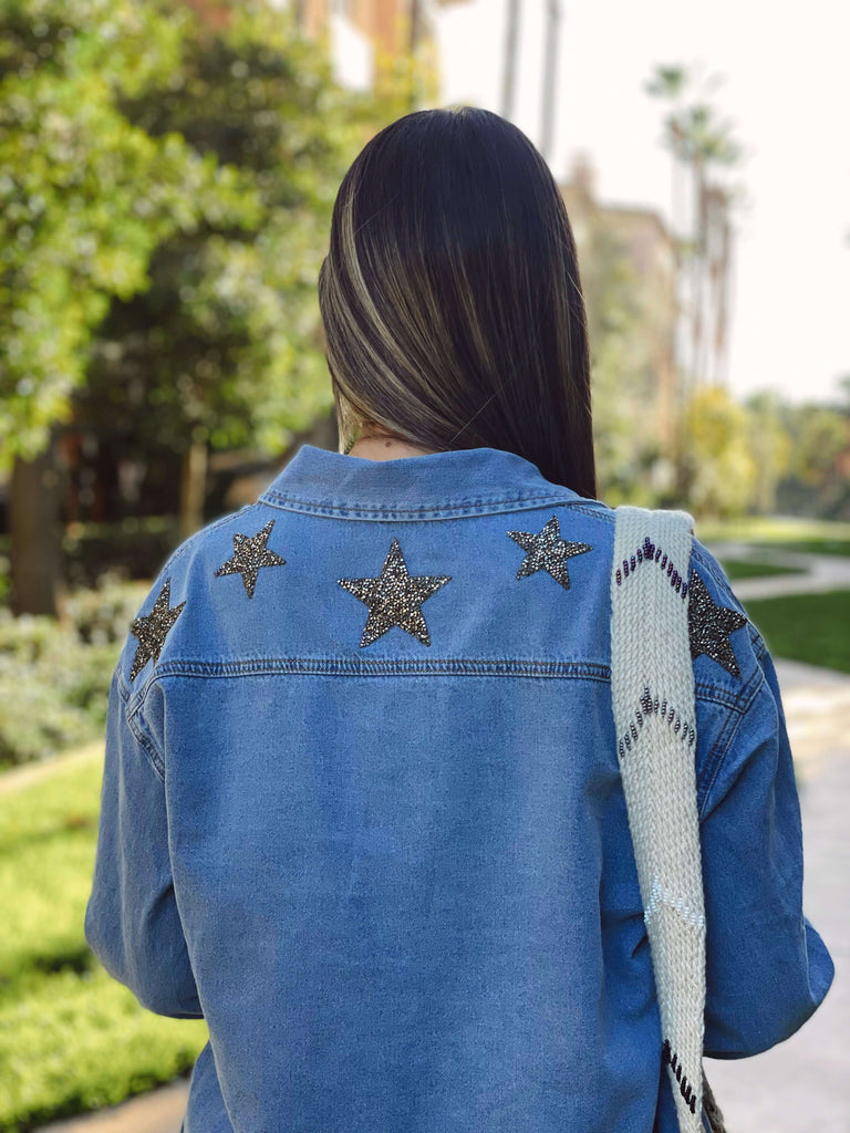 Oversized Denim Jacket Silver Stars - Wayra Beachwear