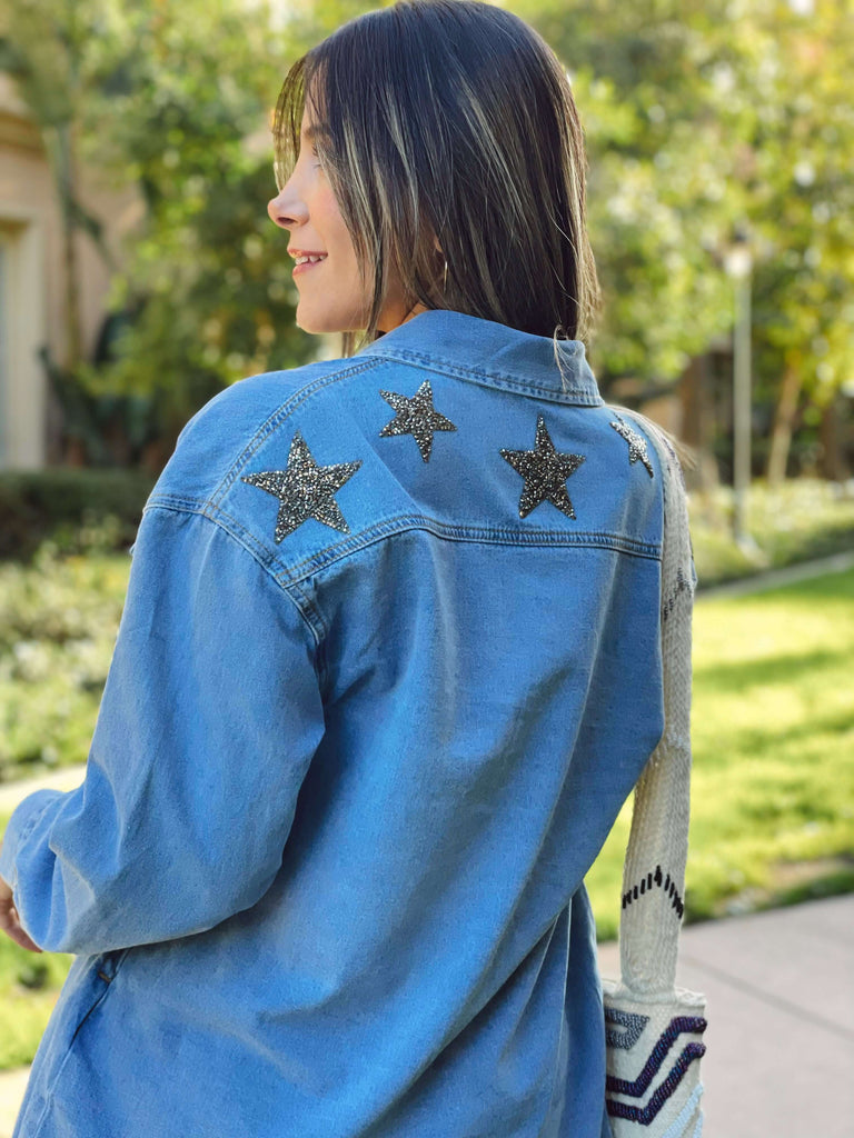 Oversized Denim Jacket Silver Stars - Wayra Beachwear